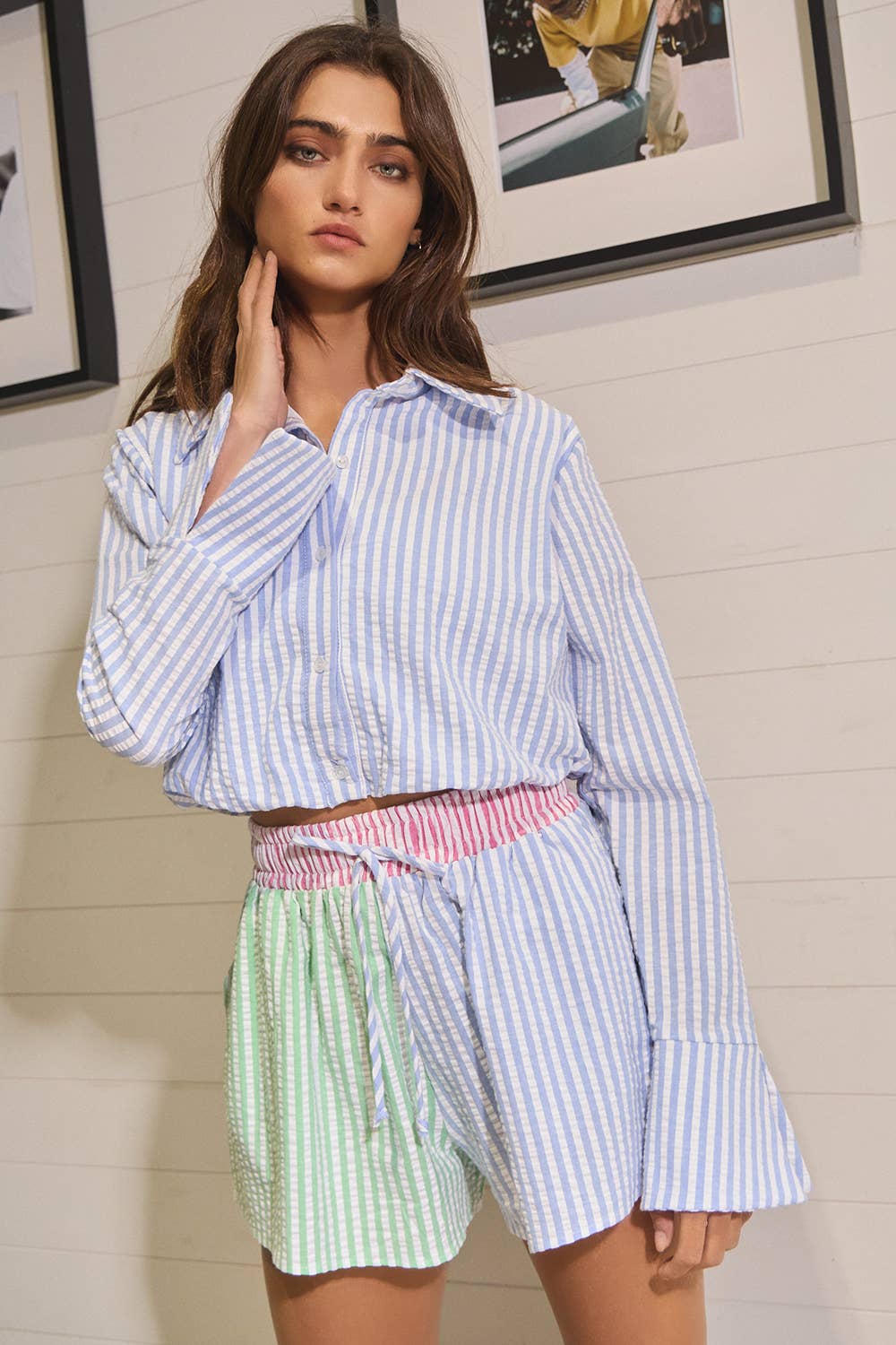 T2472 Striped Seersucker Crop Shirt Top