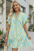 Floral Print Frilled Trim V Neck Button Front Dress (S-Xl)