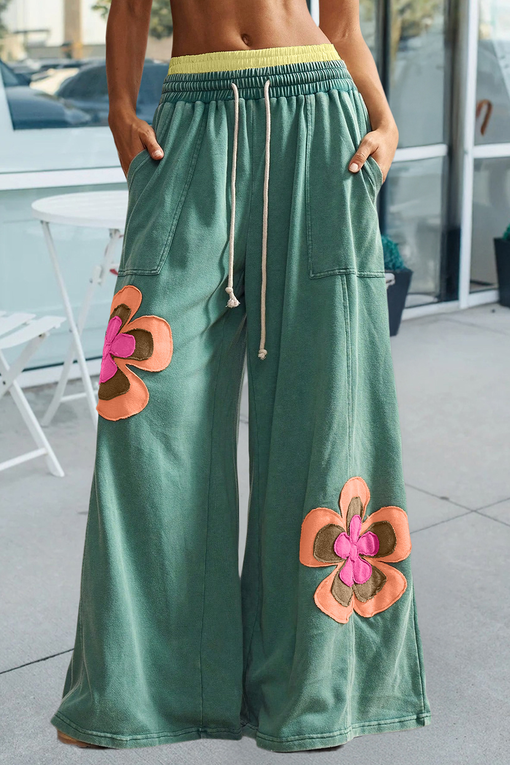 Flower Patchwork Elastic Waist Wide Leg Pants (S-Xl)