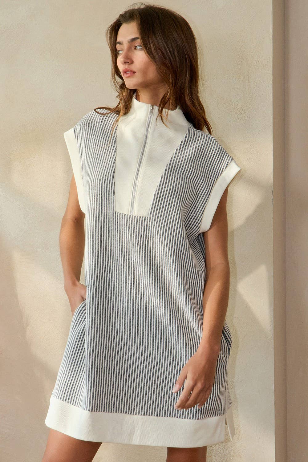 ID4332A | Zip-Up Neck Stripe Textured Mini Dress