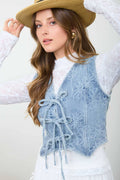 Floral Washed Denim Pattern Front Tie Vest