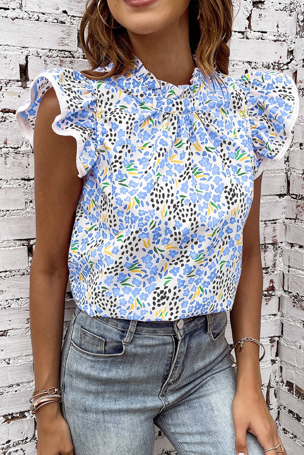 66Floral Abstract Print High Neck Flutter Sleeves Top (S-Xl)