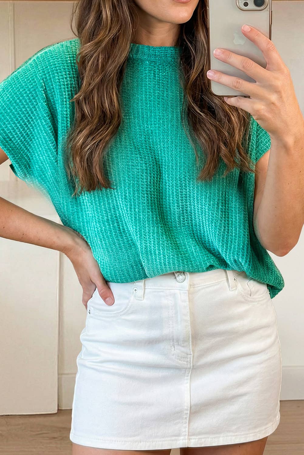 Waffle Textured Knit Dolman Short Sleeve Sweater (S-Xl)