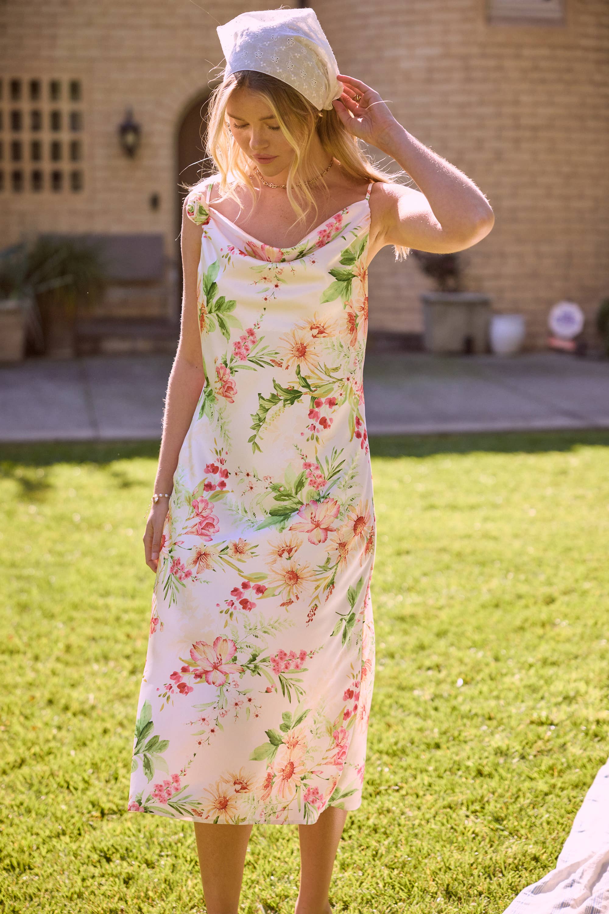 Rosette Detail Cowl Neck Slip Dress