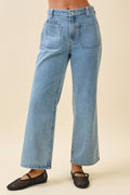 7183GK High Waist Wide Leg Denim Pants with Patch Pockets