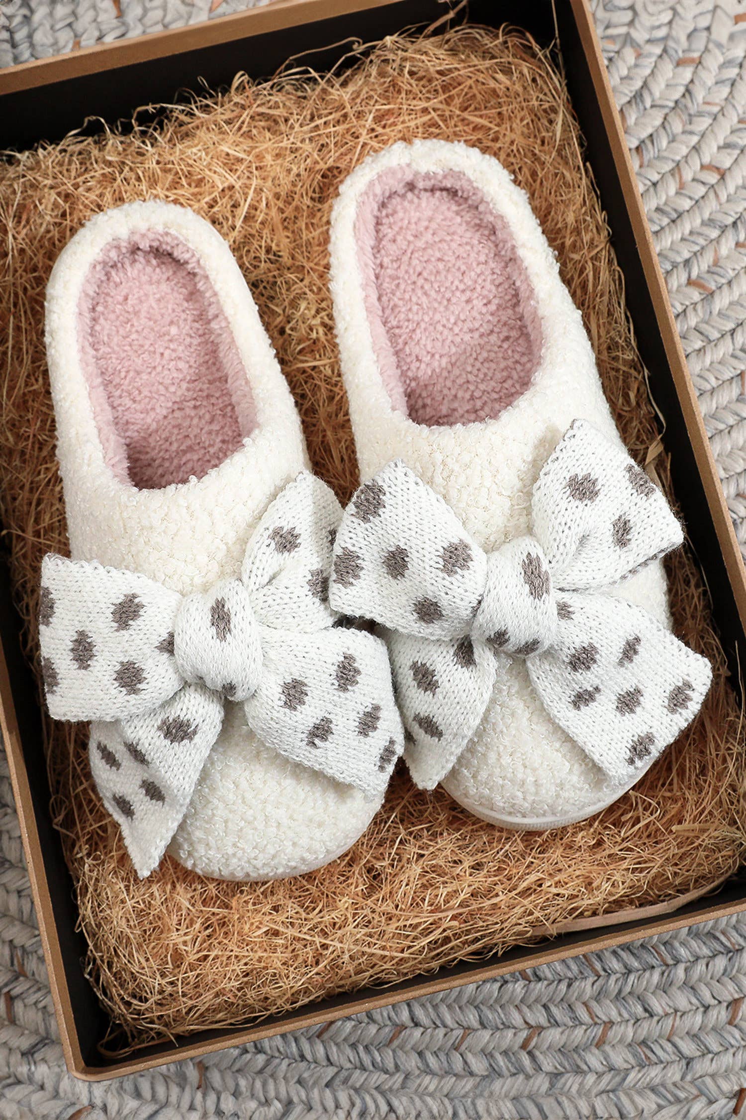 Polka Dot Knit Bow Decor Plush Color Block Slippers Gifts