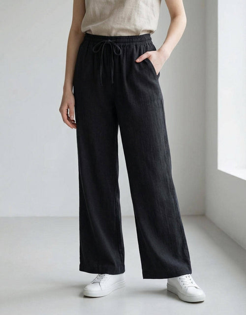 ",, Wide-Leg Linen Blend Pants with Pockets