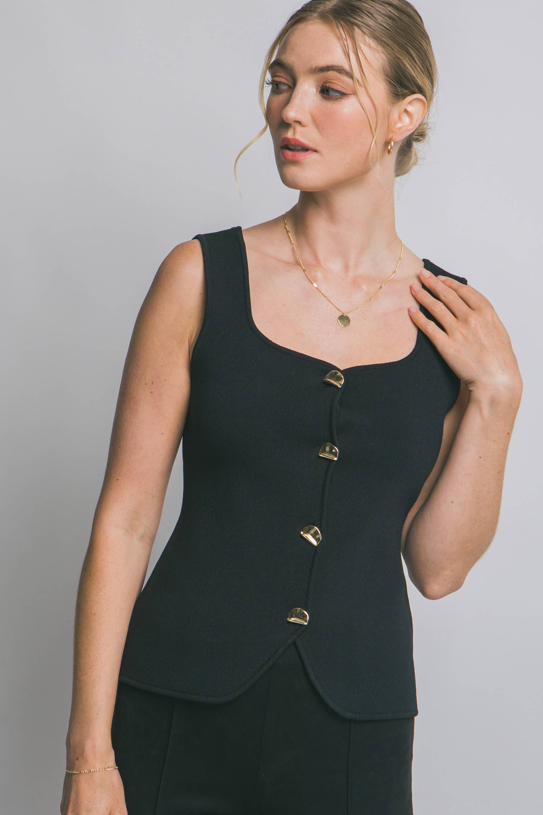 ..0820 Heart Neck Golden Button Up Top SI-28517