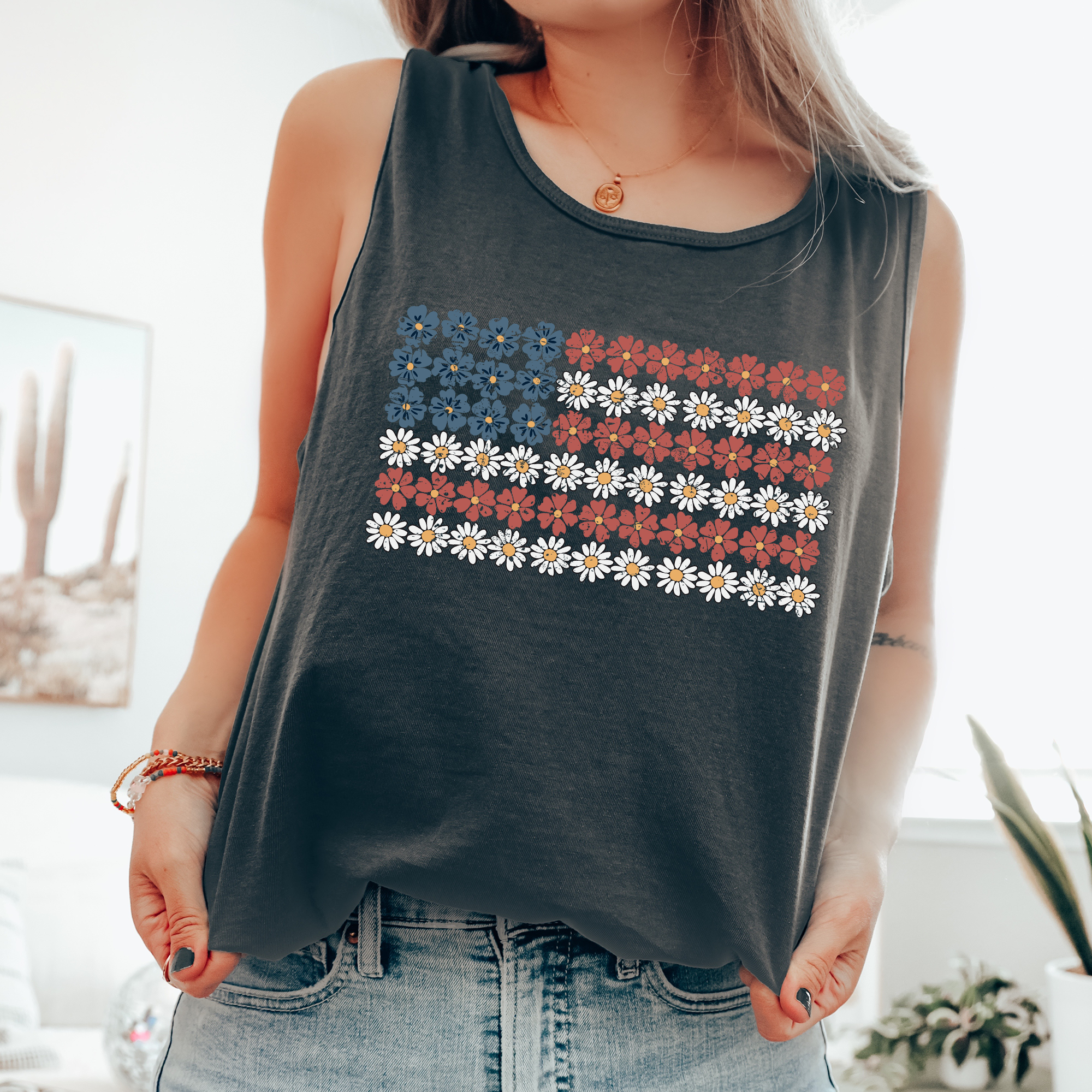 Vintage Flower Flag, Fourth of July, America USA Tank Top