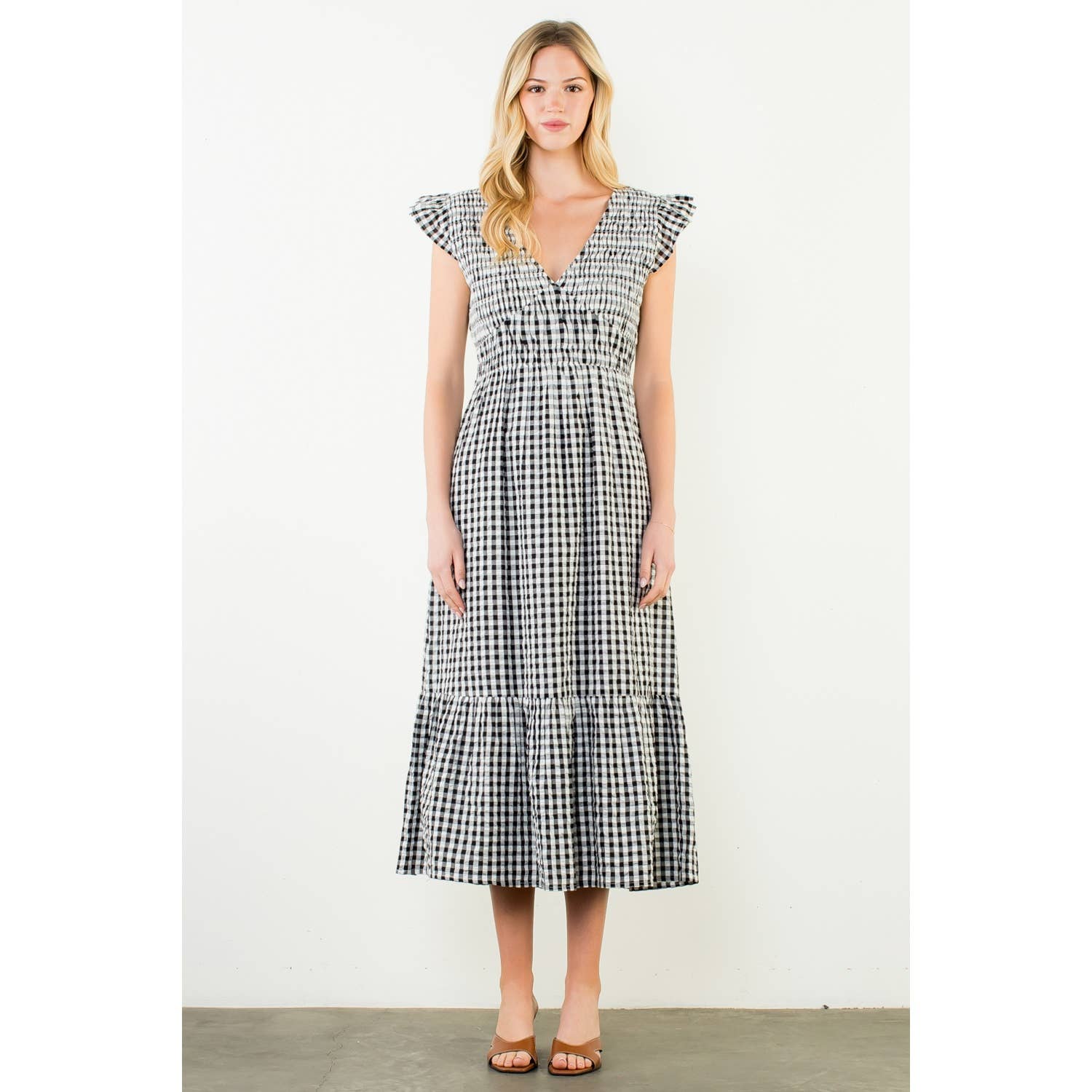 Ruffle Sleeves Gingham Pattern Midi Dress