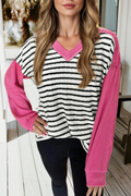 Stripe Twisted Rib Patchwork V Neck Long Sleeve Top (S-Xl)