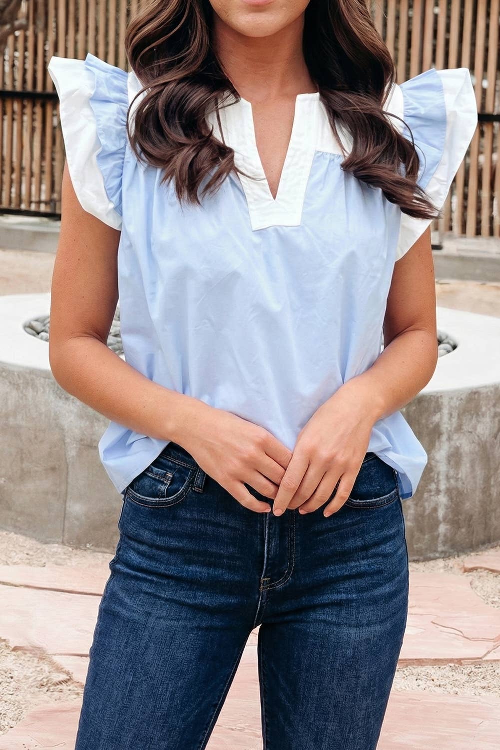 Color Block Trim Ruffle Sleeve V-Neck Blouse (S-Xl)