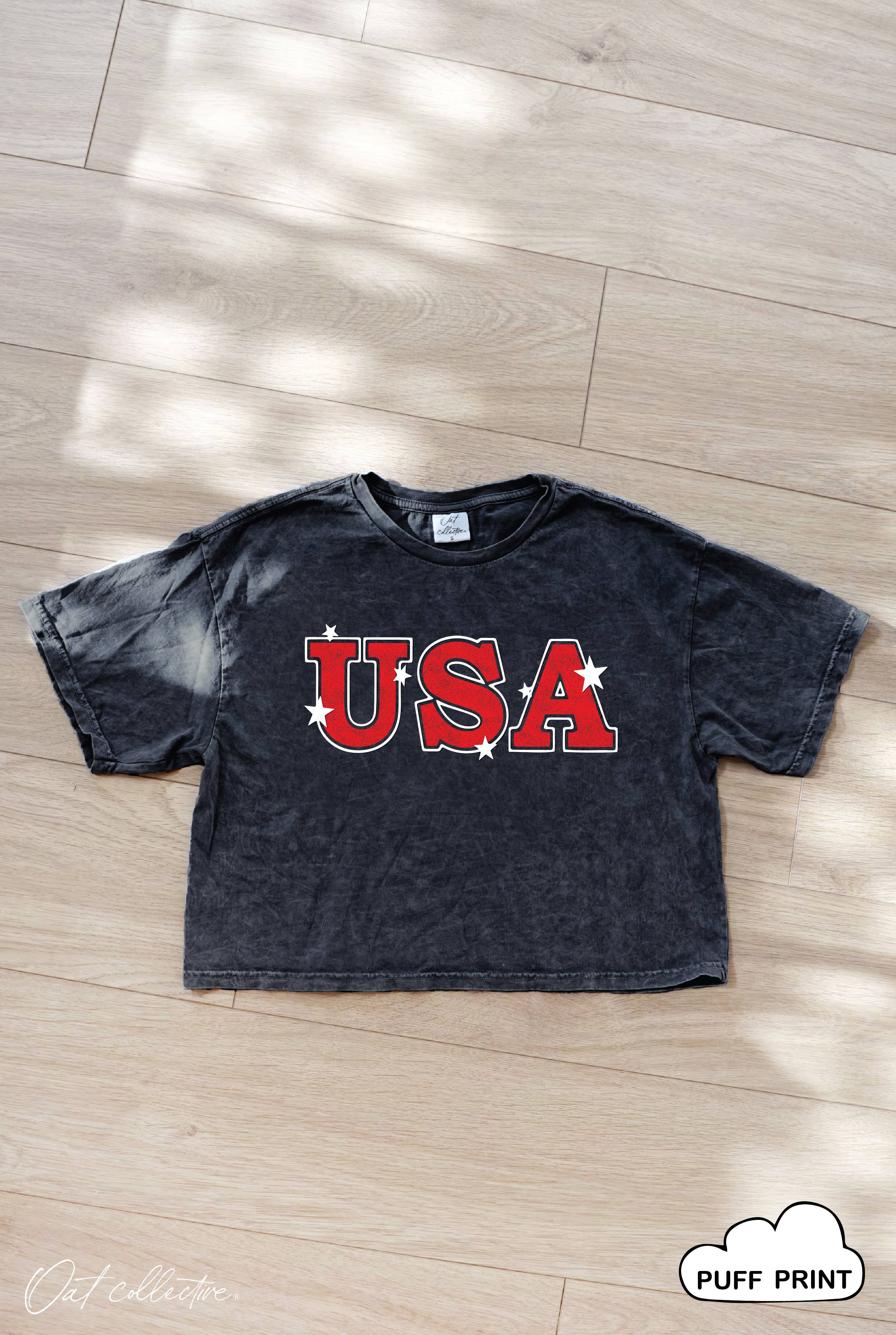 USA Puff Cropped Mineral Graphic Top