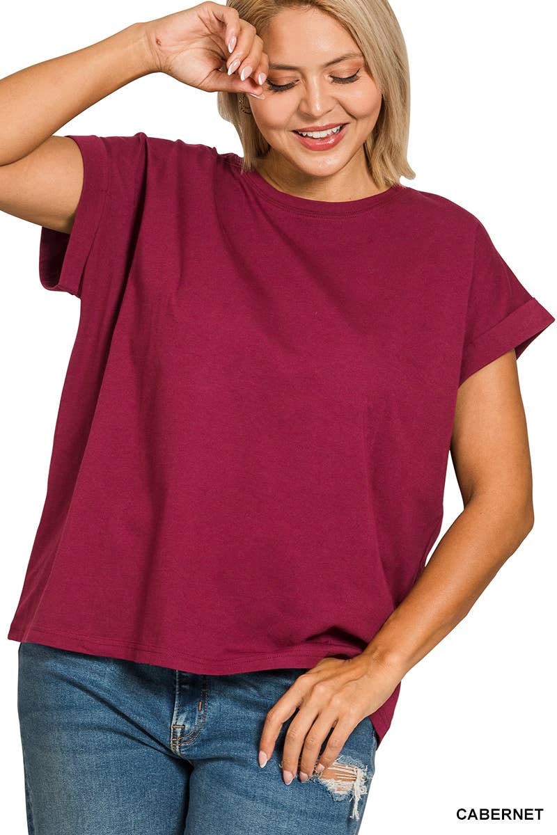..1016 Plus Round Neck Folded Short Sleeve T Shirt SI-27019