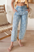Floral Printed Loose Barrel Jeans