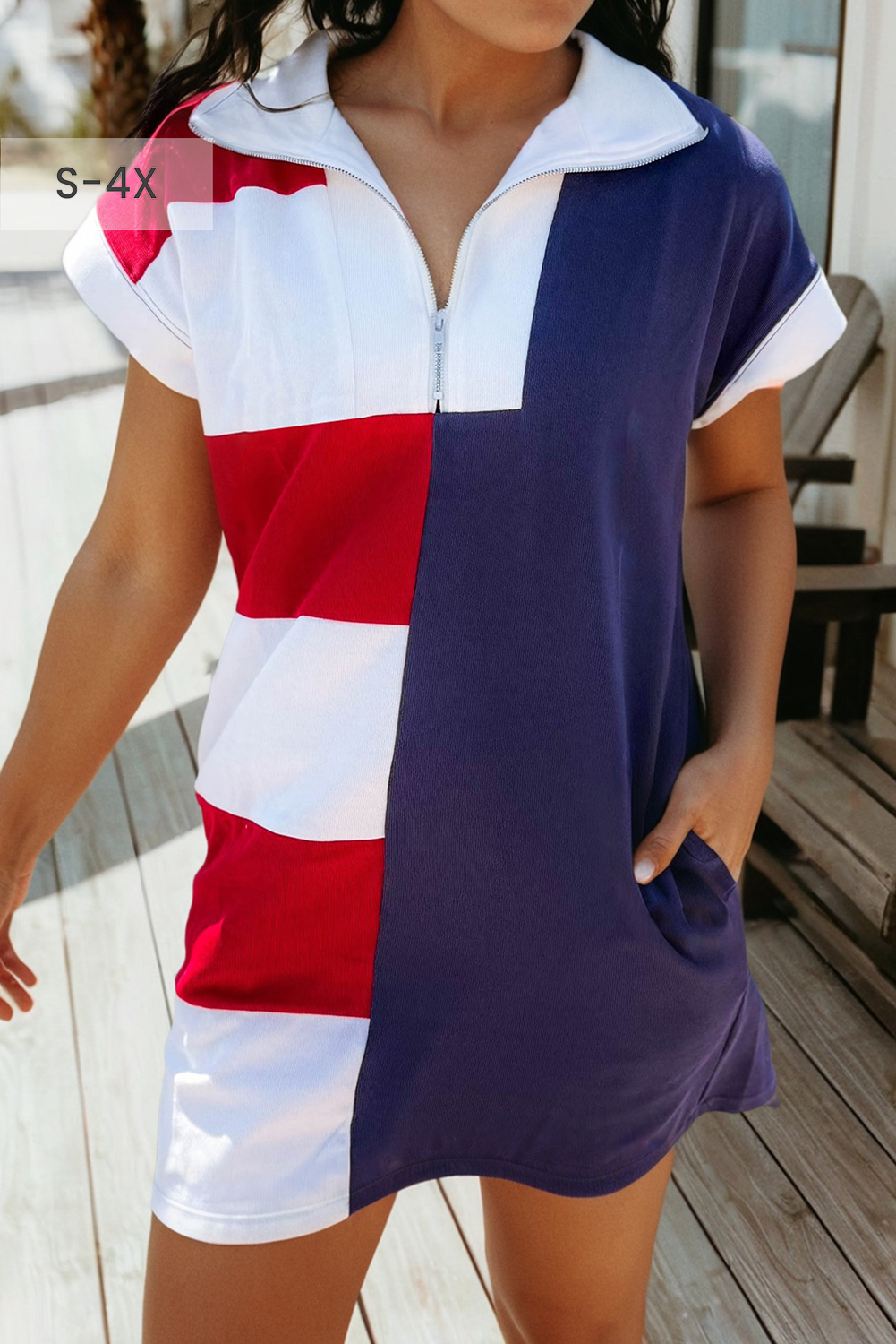 Americana Stripes Zip Up Collared T Shirt Mini Dress (S-4X)
