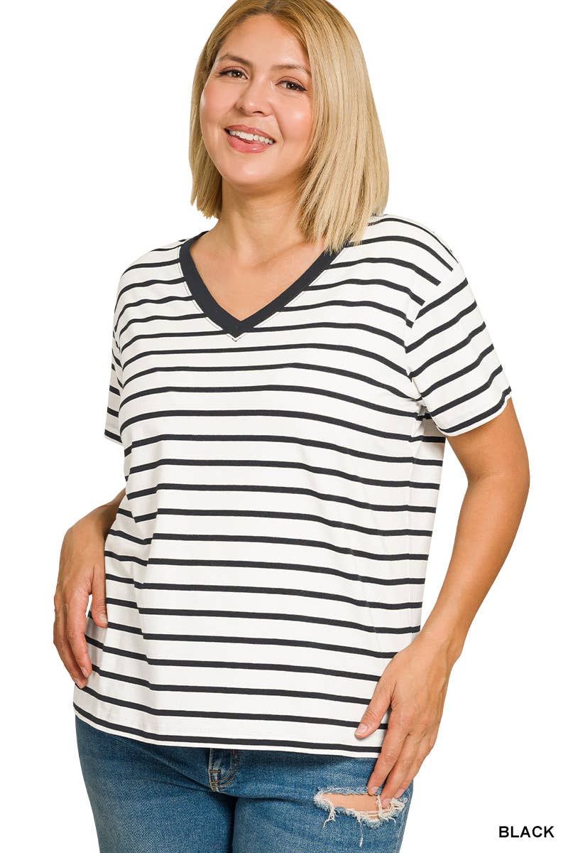 0223 Plus Striped V Neck T Shirt SI-29525