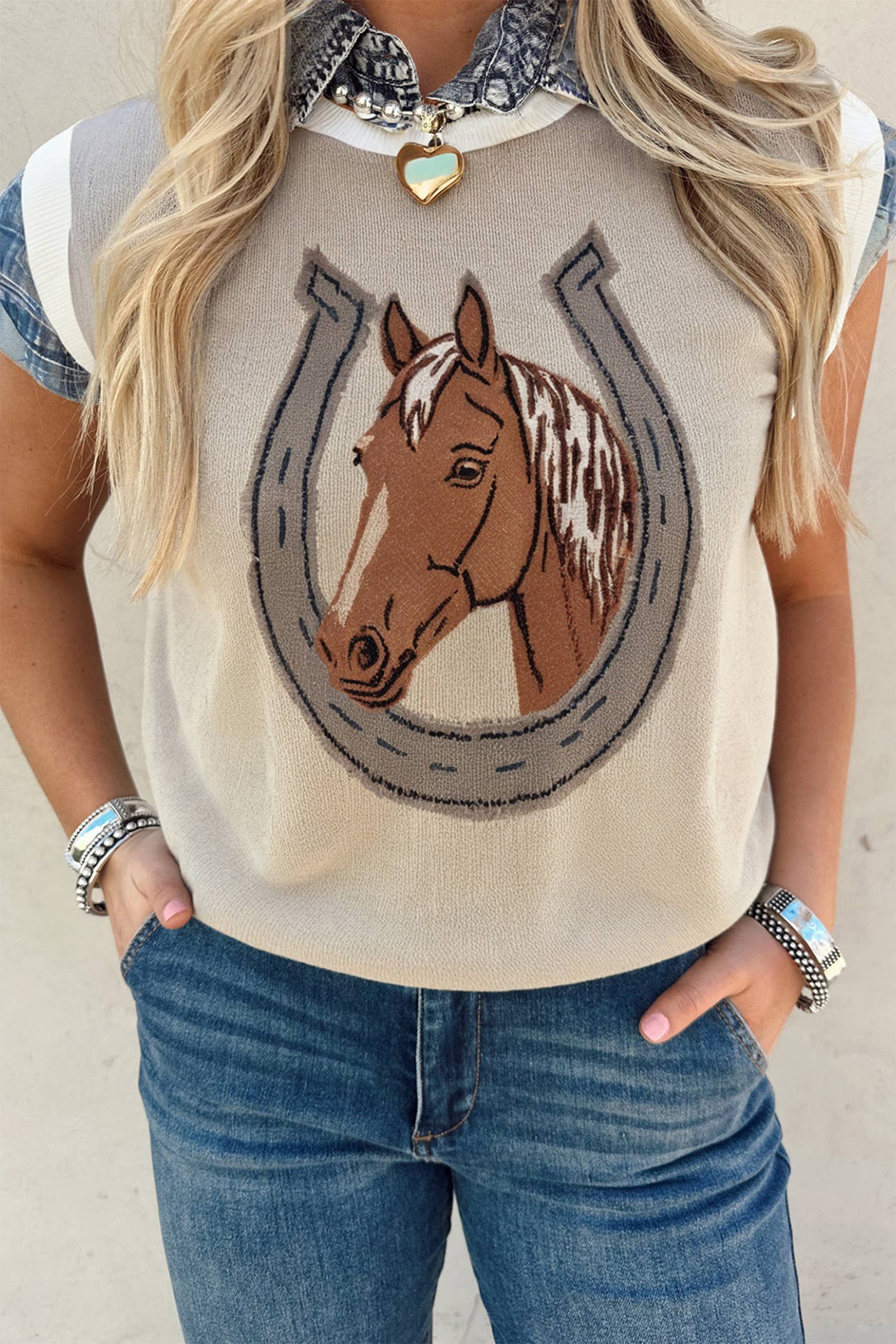 Horse Shoe Print Round Neck Sleeveless Sweater (S-Xl)