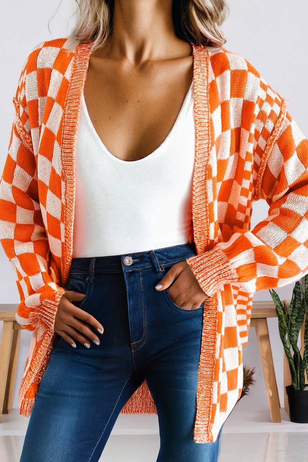 Checkered Open Front Drop Shoulder Cardigan (S-4X)