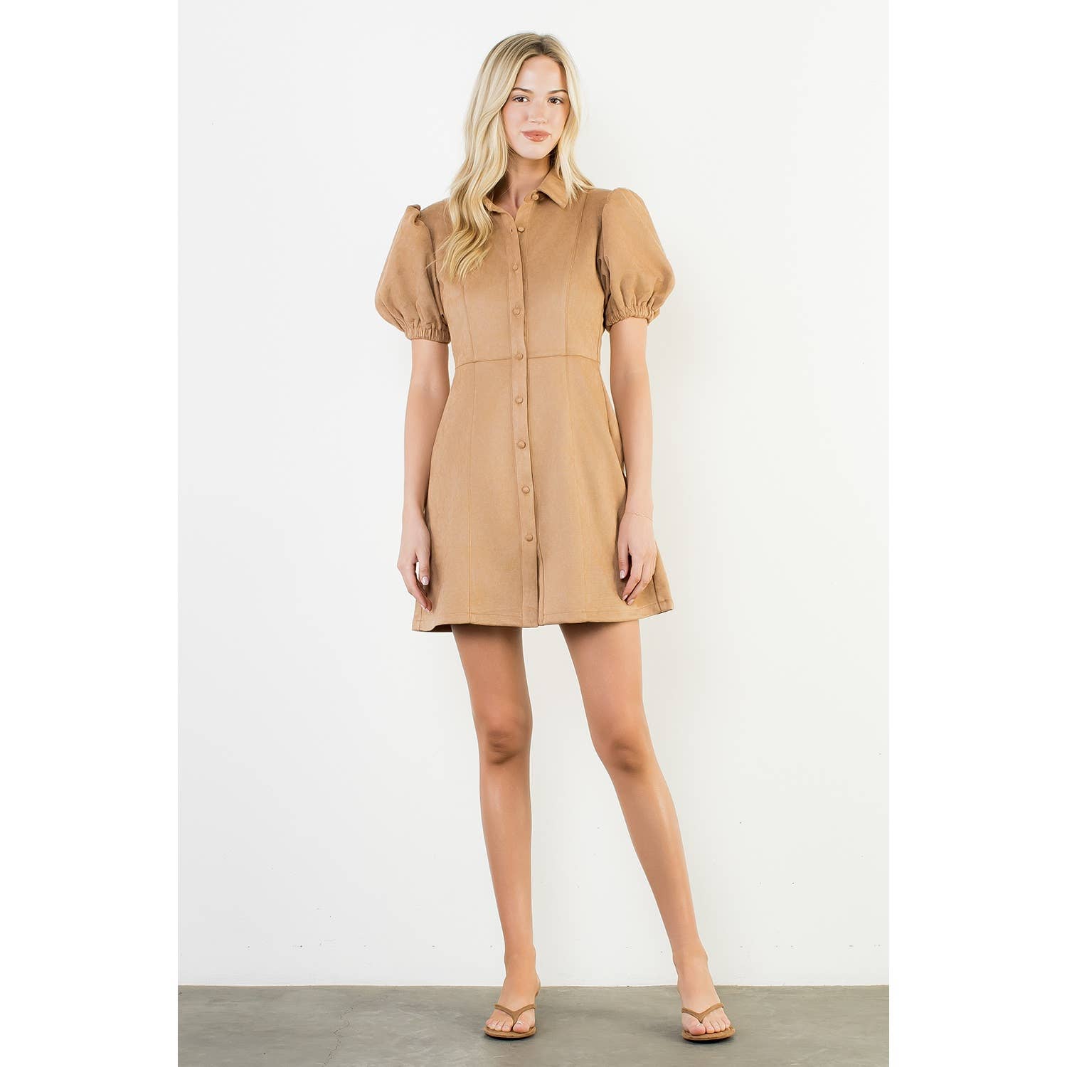 Puff Sleeve Button Up Suede Dress