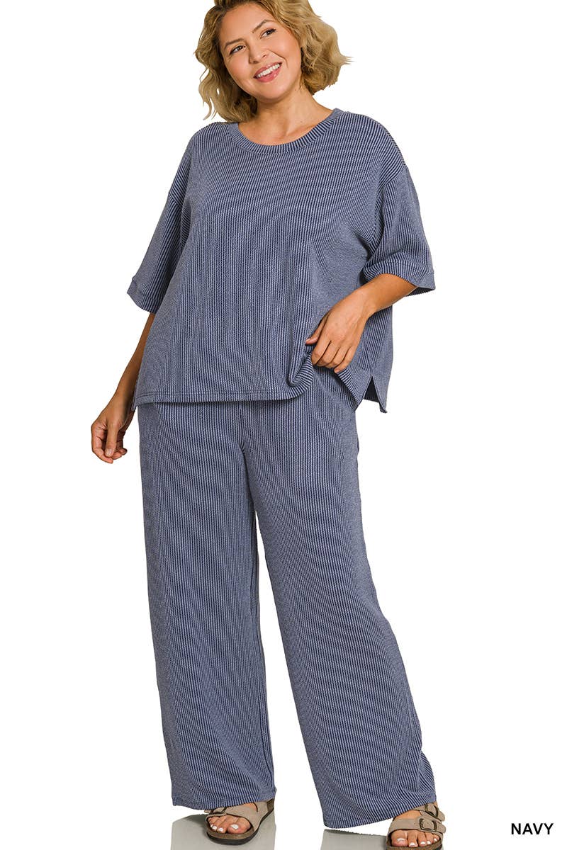 .0225 Plus Raised Rib Short Sleeve Tee & Pants Set SI-29474