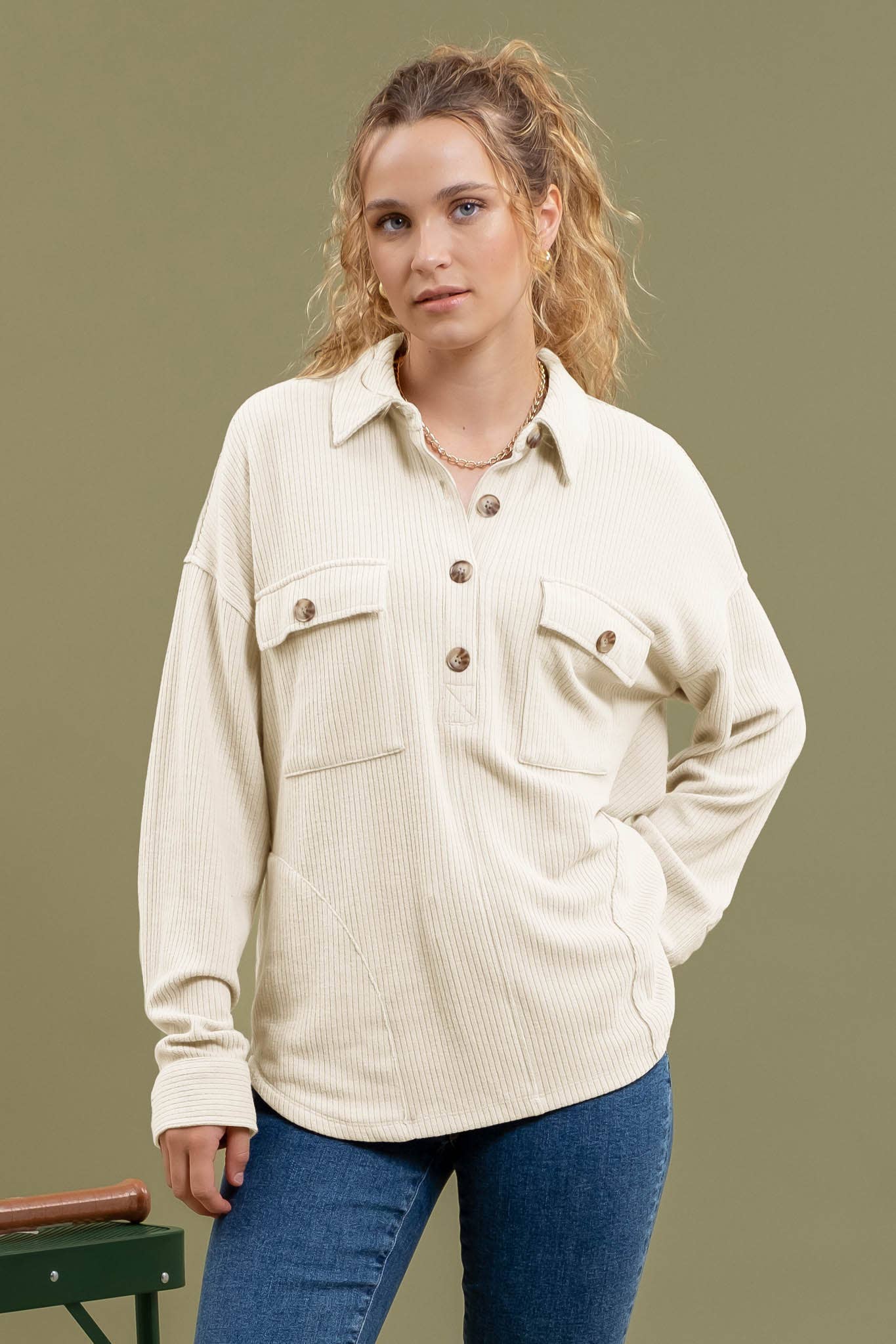 Half Button Side Pocket Knit Top