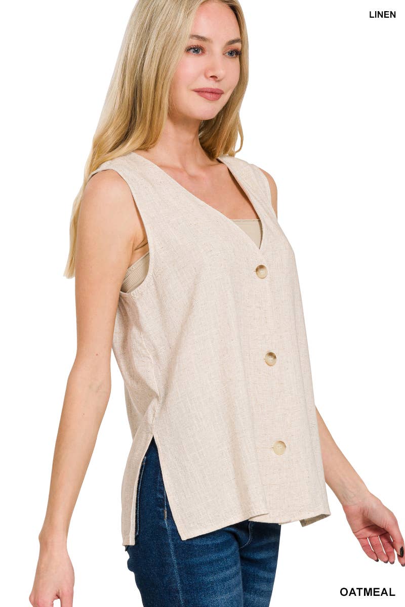 0827 Linen 3 Button Vest w/ Side Slit SI-27299