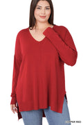 .SI-15790 Plus Size Hi-Low Hem V-Neck Center Seam Sweater
