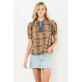 Plaid Puff Sleeve Contrast Neck Top