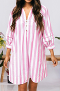 Striped Long Sleeve Buttons Loose Mini Dress (S-Xl)
