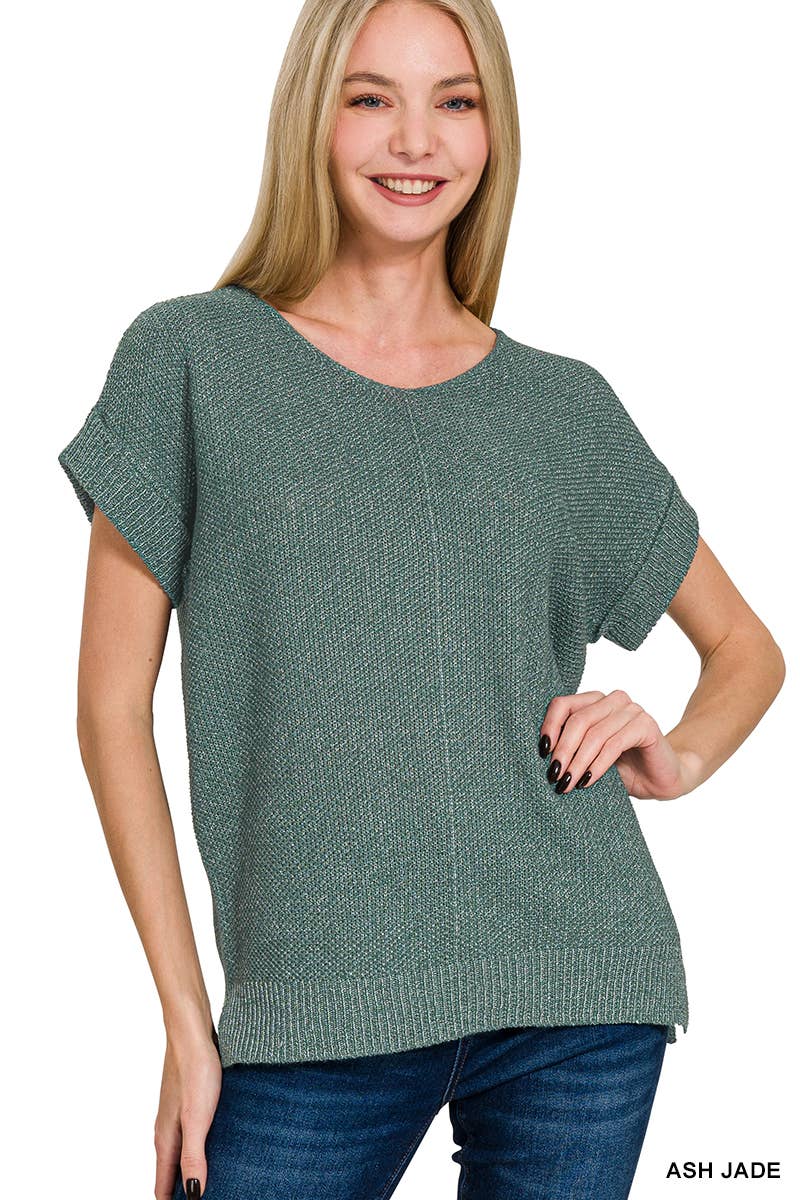 ...0825 Center Seam Short Sleeve Sweater w/ Side Slits SI-27232