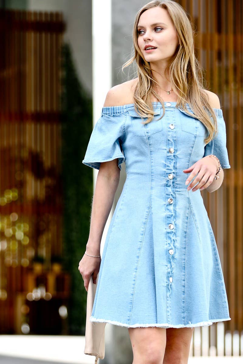 ...SC141990 Off Shoulder Ruffle Sleeve Washed Denim Dress