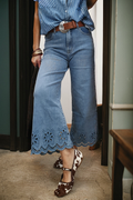 Western Embroidered Cropped Wide Leg High Waist Jeans Women