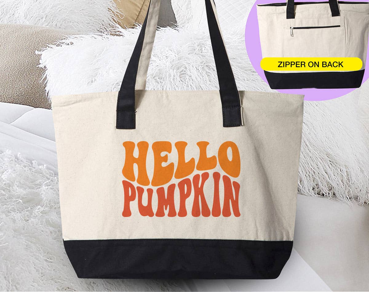 Hello Pumpkin  -  Fall Thanksgiving Canvas Zipper Tote Bag