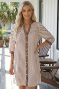Stripe Button Leopard Trim Bracelet Sleeve Dress (S-Xl)