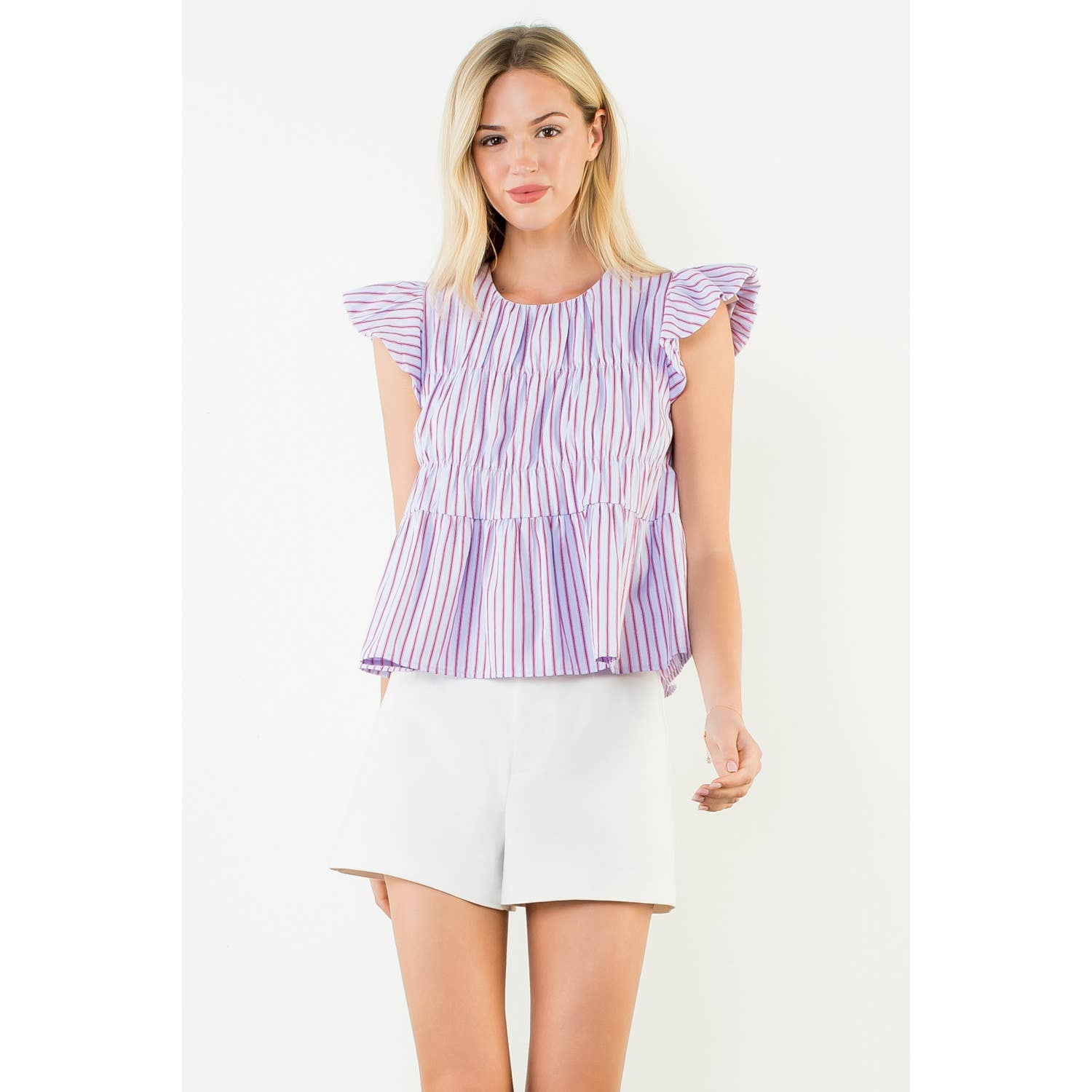 Ruffle Sleeve Smocked Striped Top