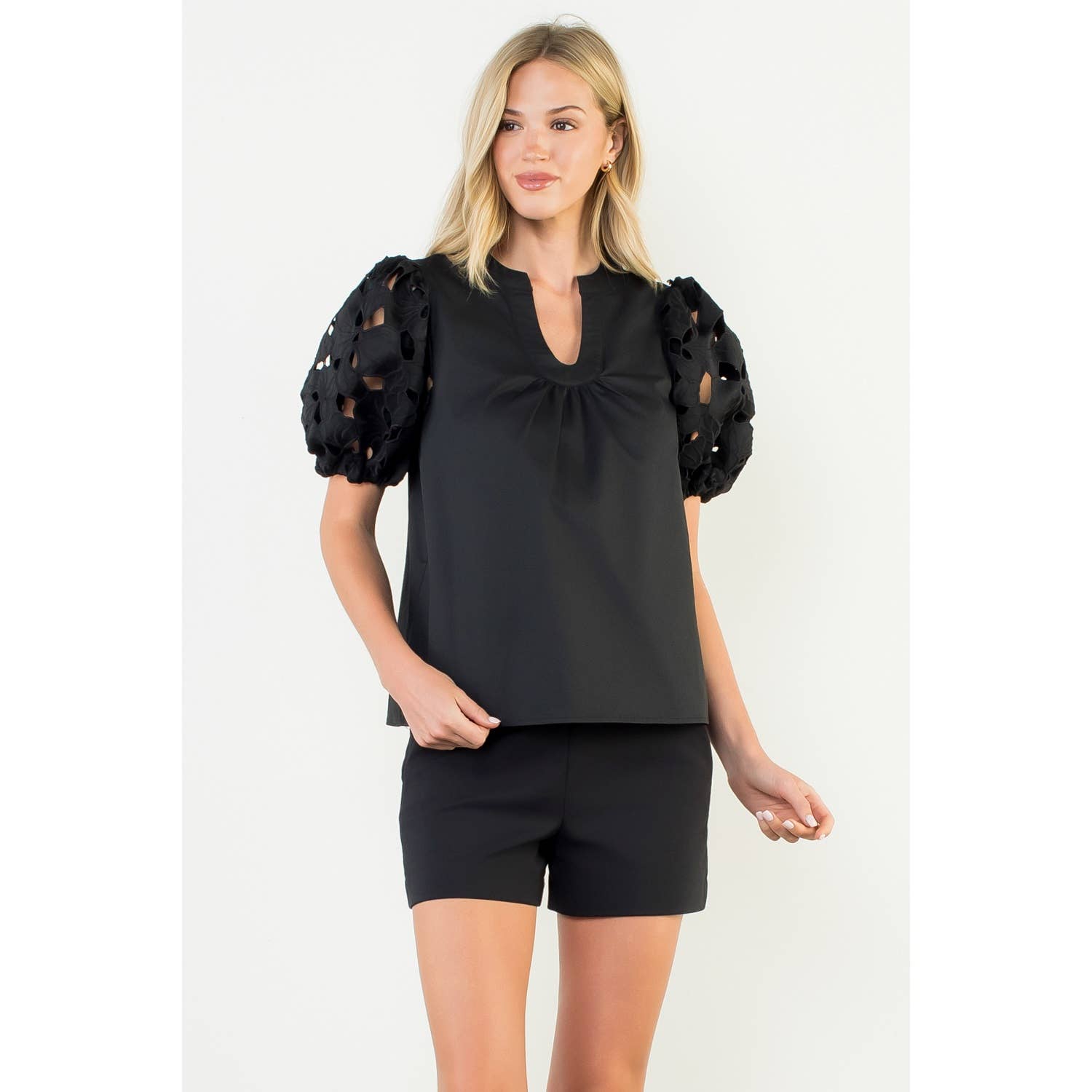 Eyelet Detail Puff Sleeve V-Neck Top