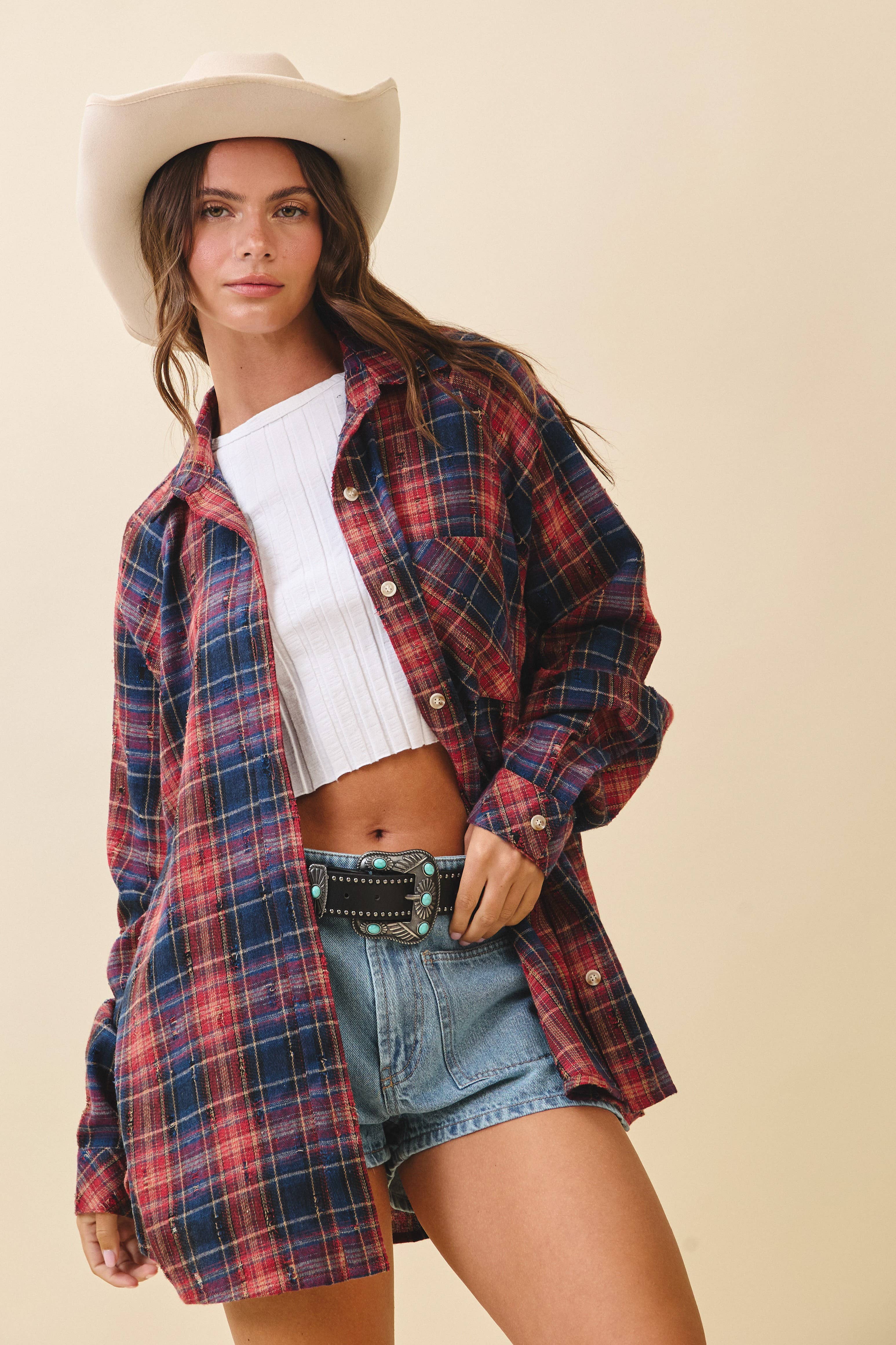 8541GN Distressed Plaid Brushed Cotton Button-Down Shirt