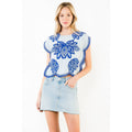 Short Sleeve Striped Embroidery Detail Top