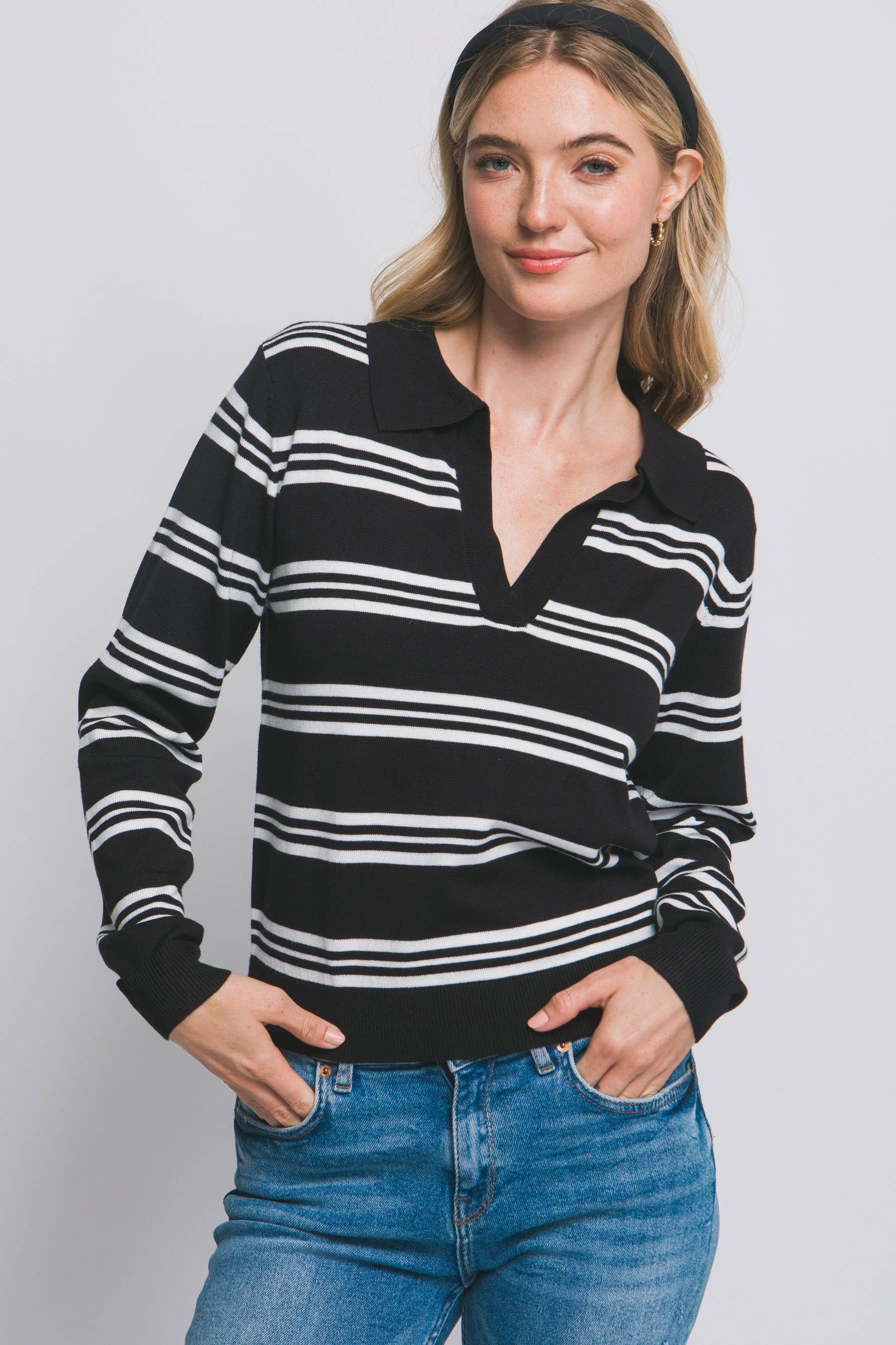 0913 Collared Long Sleeve Stripe Sweater SI-28266