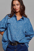 Blue Floral Cotton Button Down Oversized Shirt
