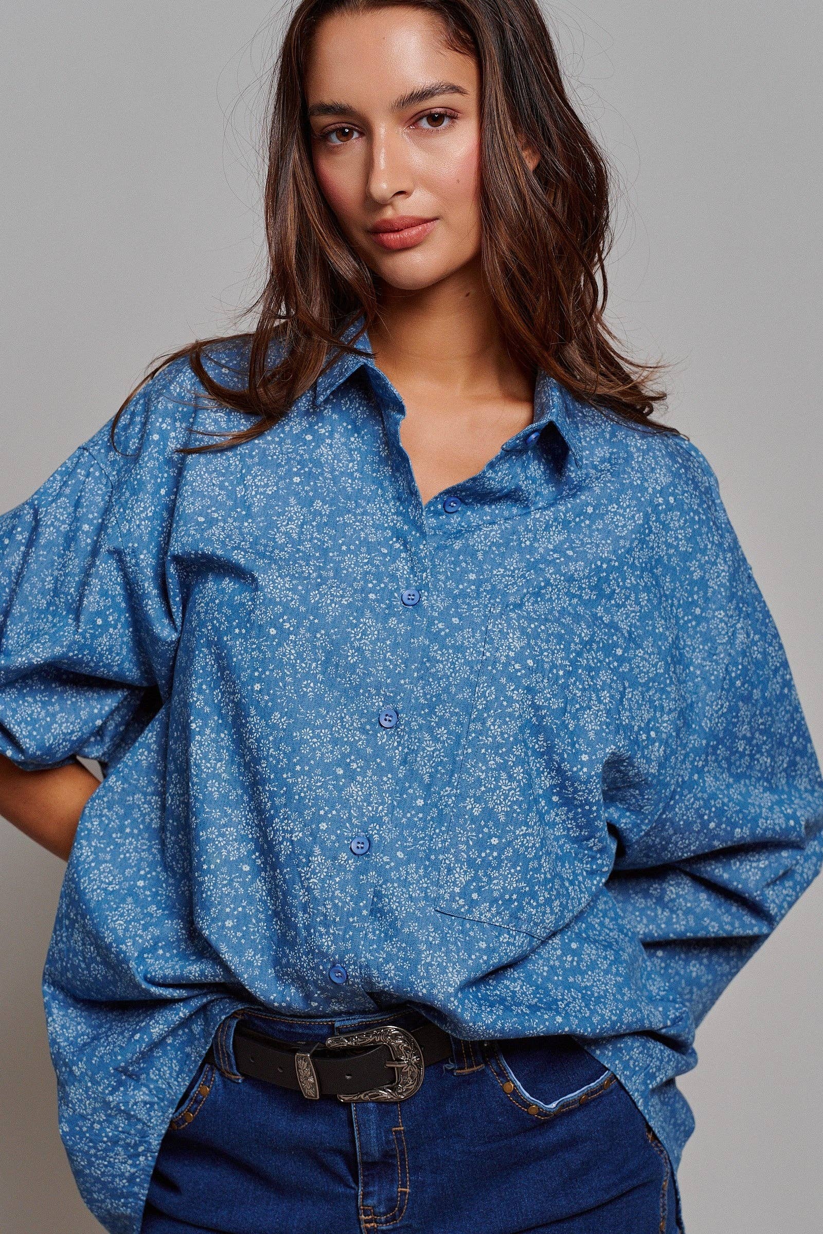 Blue Floral Cotton Button Down Oversized Shirt