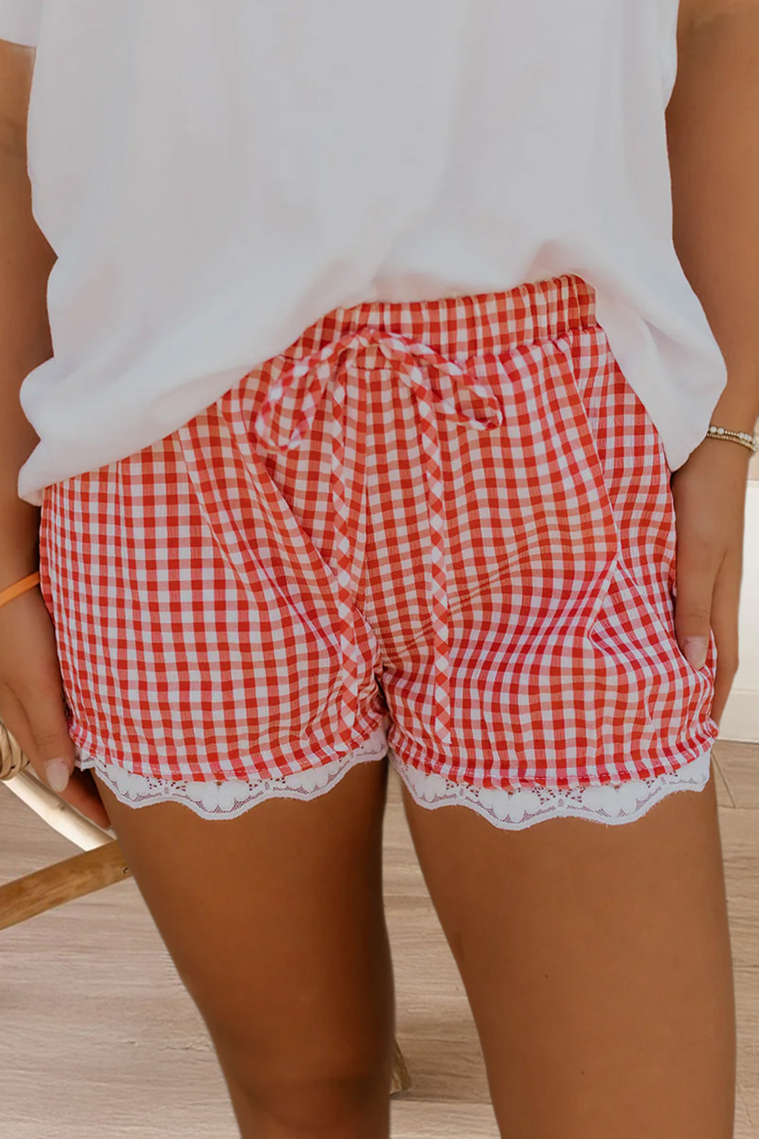 Gingham Plaid Elastic Waist Lace Hem Casual Shorts (S-Xl)