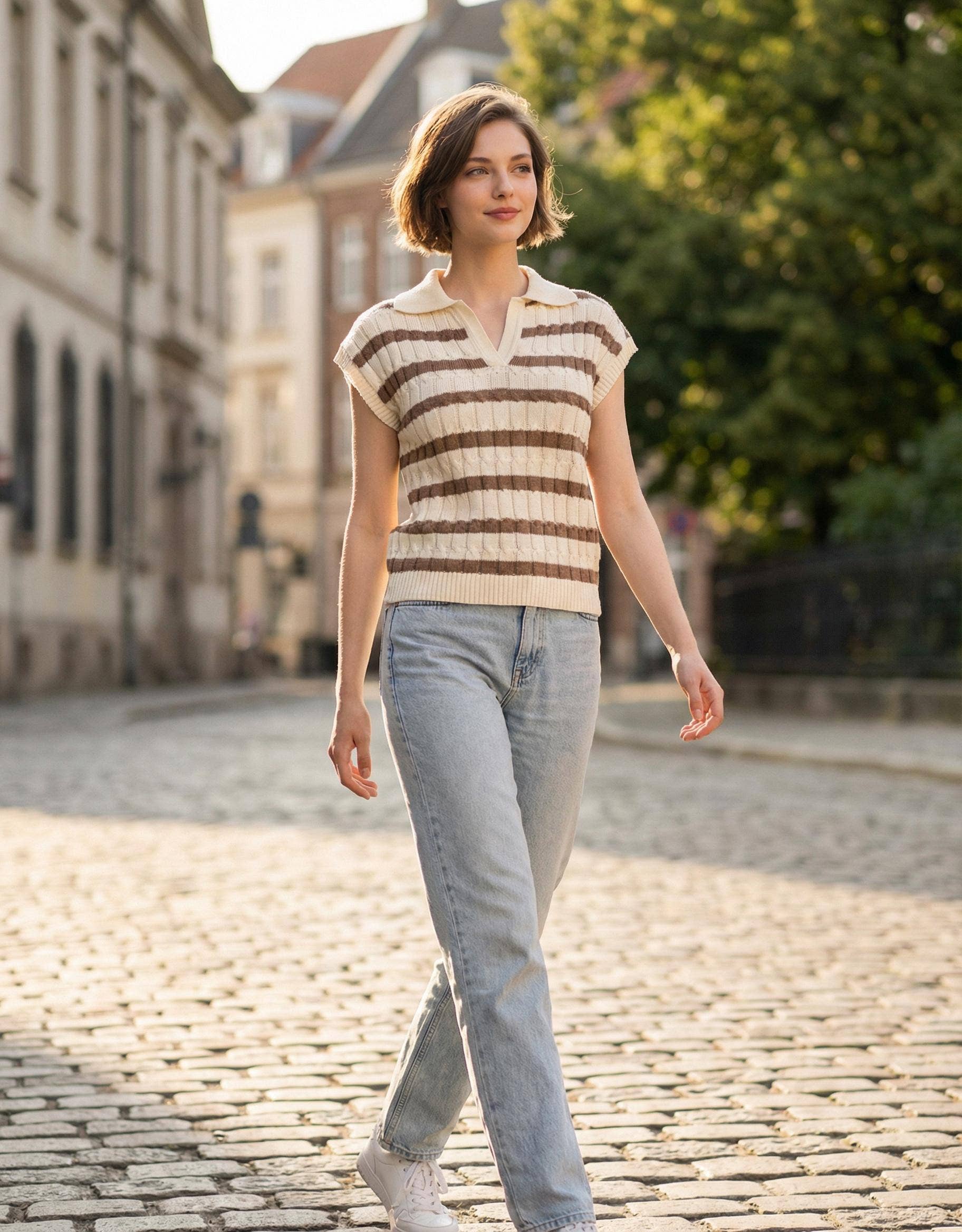 0211 Textured Stripe Collared Sweater Top SI-29489
