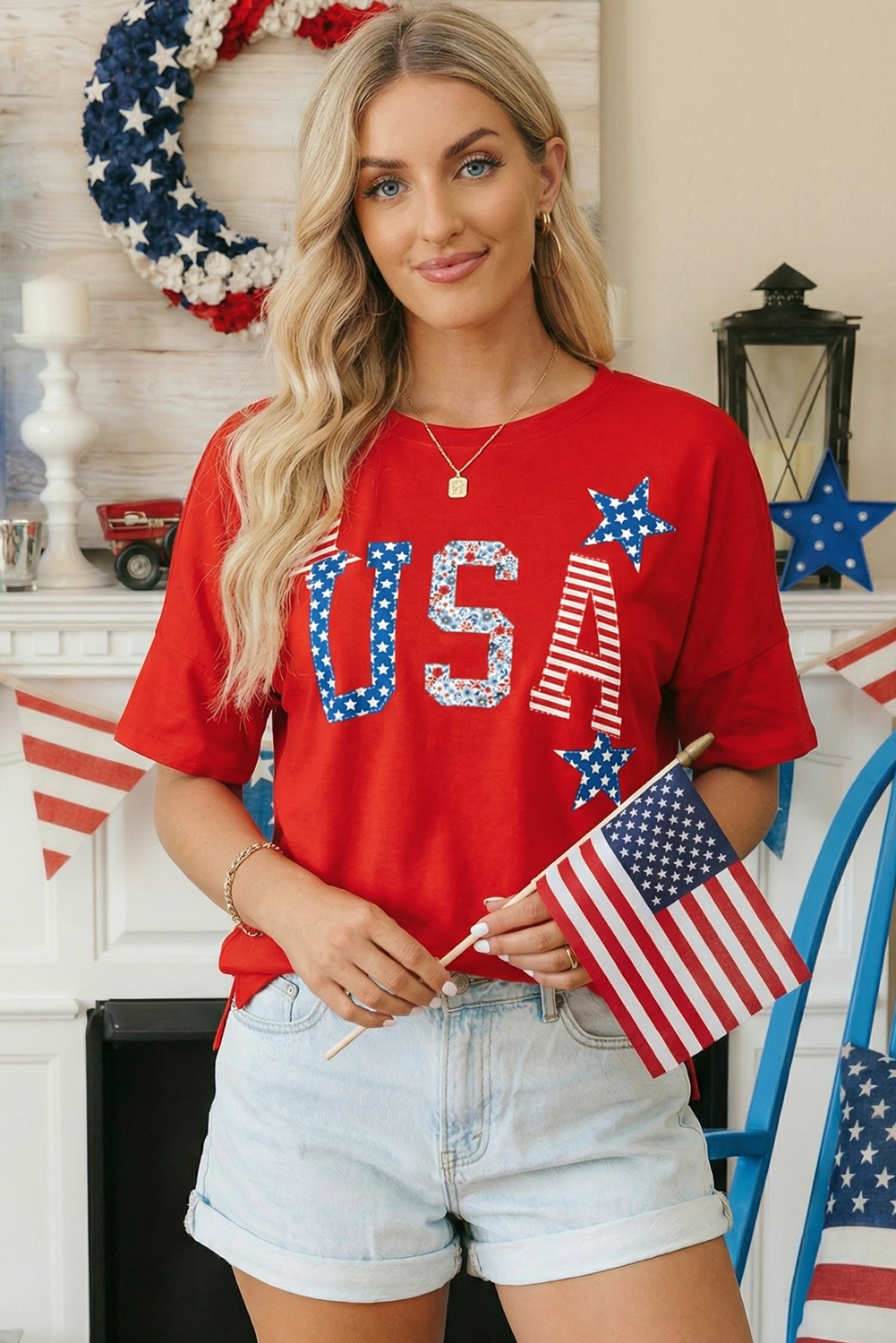USA Patriotic Star Patched Oversize Tee (S-Xl)