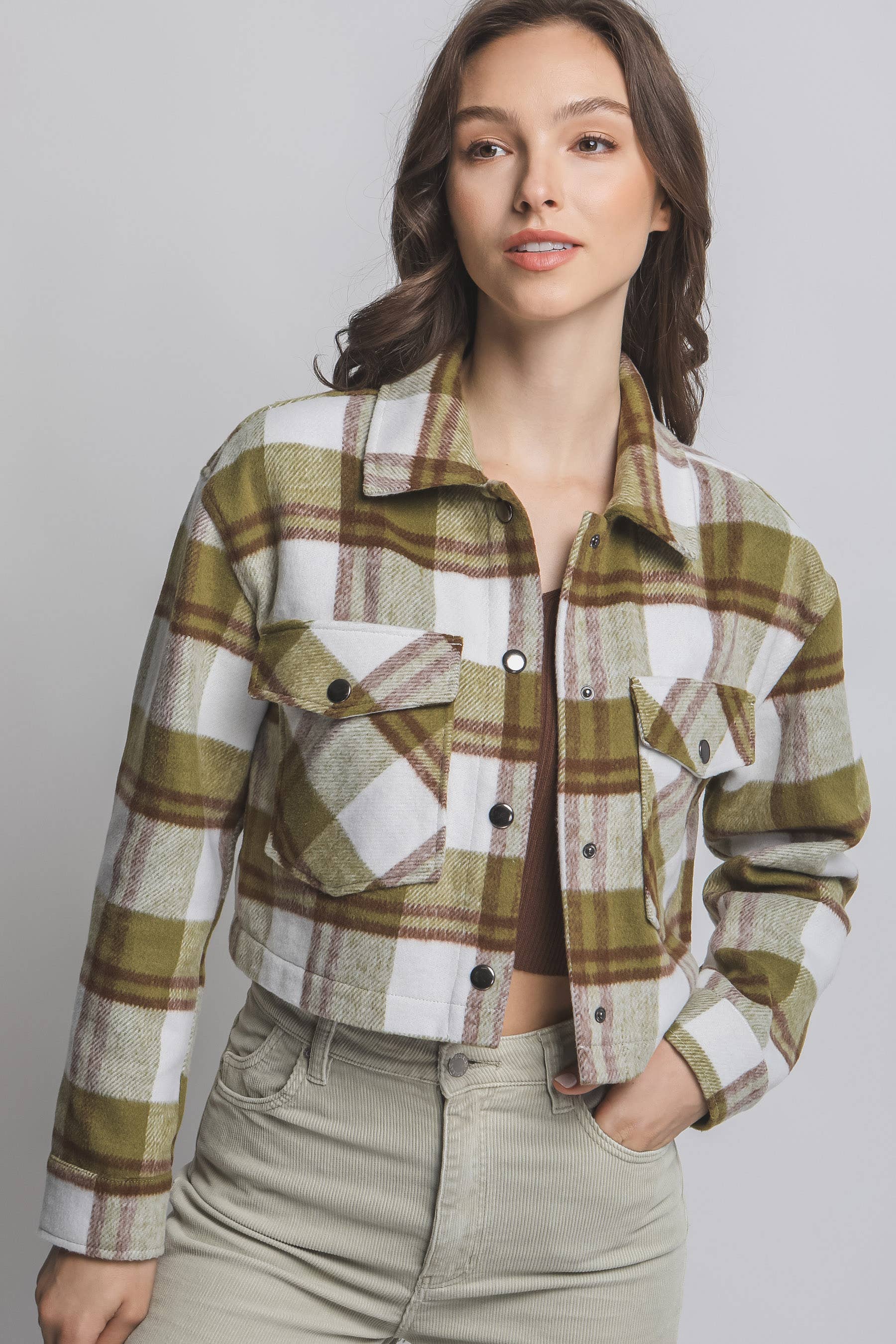..0829 Plaid Cropped Button Down Jacket SI-26624
