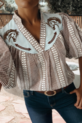 Western Pony Embroidered Yoke Puff Sleeve Blouse (S-Xl)