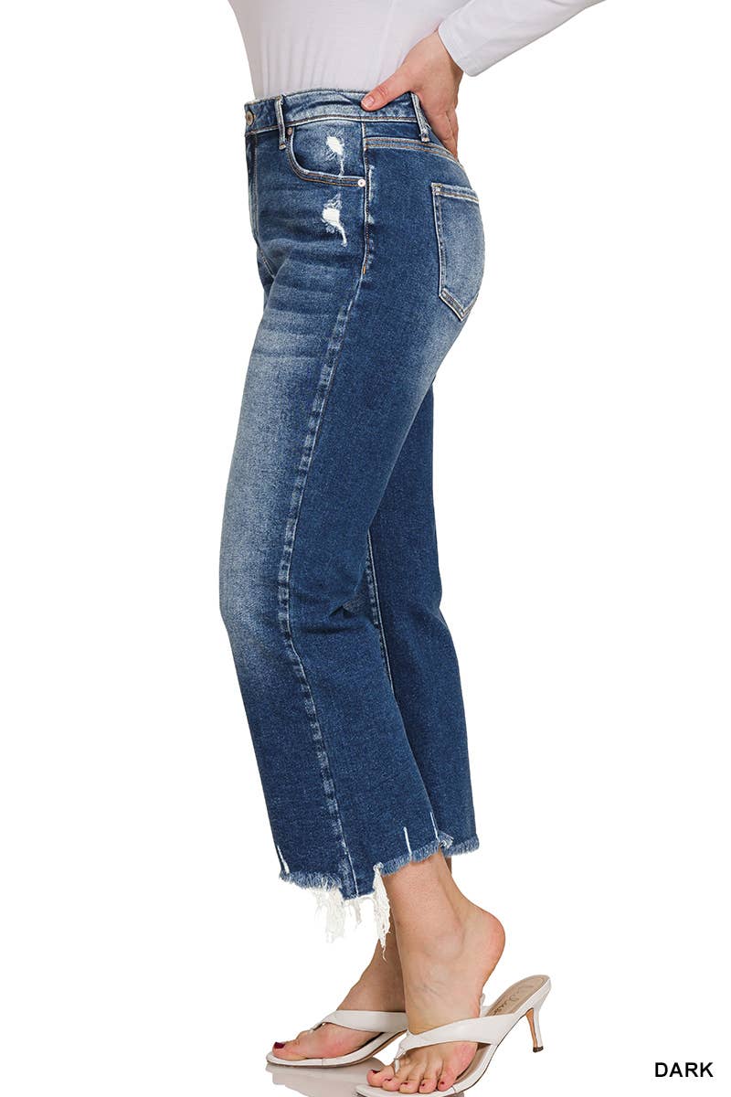 `.Distressed Crop Flare Denim Pants
