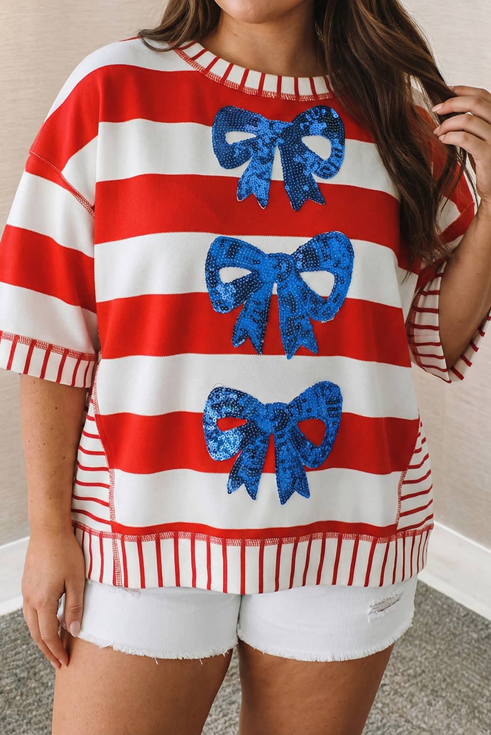 Stripe Sequin Bow Patriotic Half Sleeve Top (S-Xl)