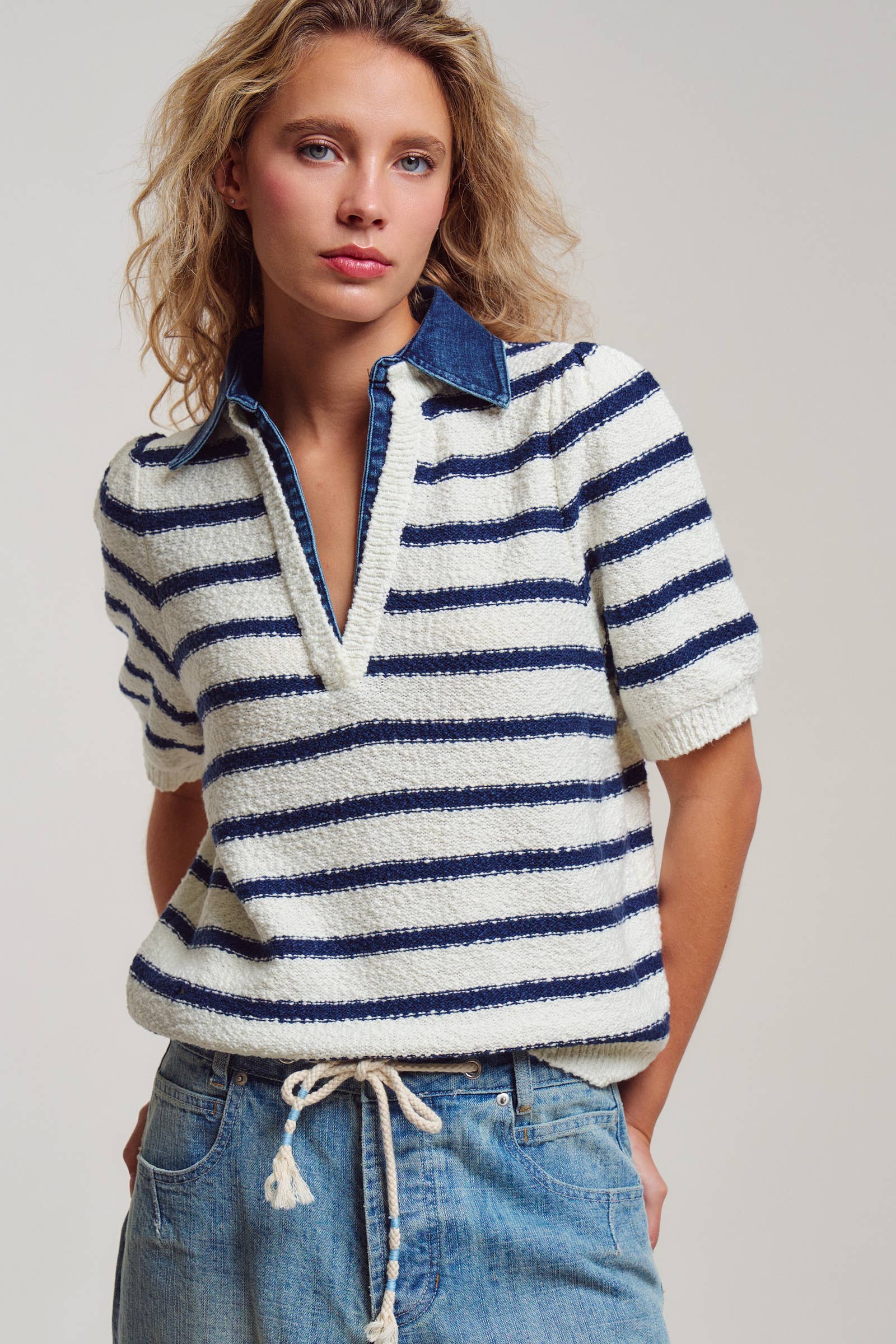 Denim Collar Striped Textured Knit Puff Sleeve Polo